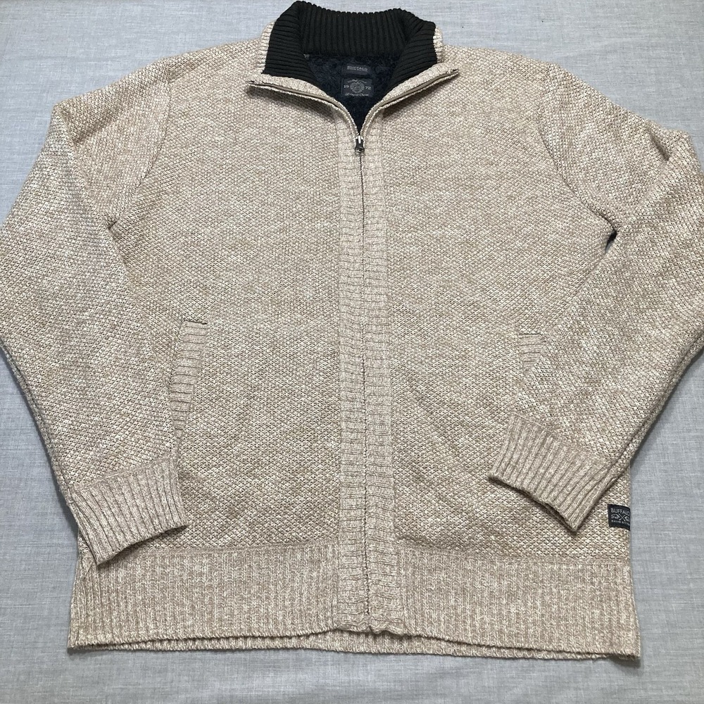 Buffalo David Bitton Men's Fleece Lined Full Zip Sweater Large Tan Beige Pockets
